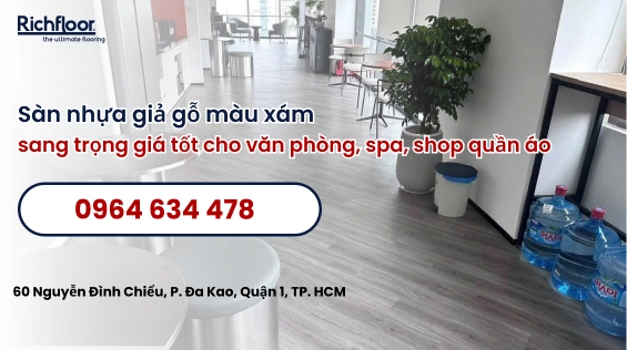 Sàn nhựa giả gỗ màu xám sang trọng giá tốt cho văn phòng, spa, shop quần áo