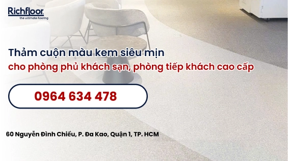 Thảm cuộn màu kem siêu mịn cho phòng phủ khách sạn, phòng tiếp khách cao cấp
