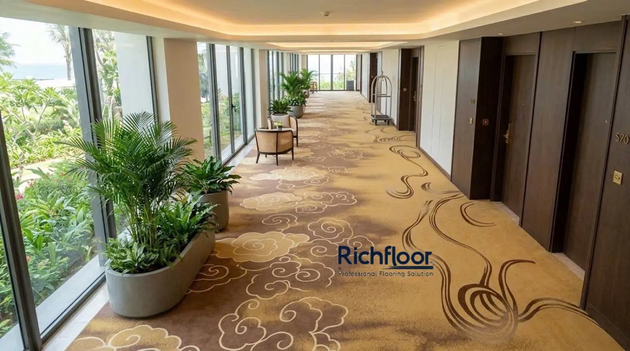Thảm Hành Lang Khách Sạn Hoa Văn Vàng Uốn Lượn Sang Trọng Chuẩn 5 Sao