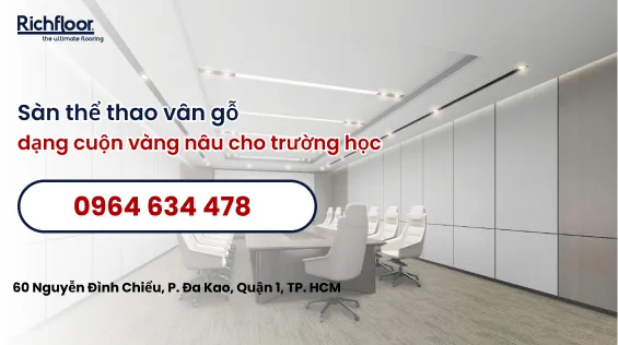 Sàn thể thao vân gỗ dạng cuộn vàng nâu cho trường học