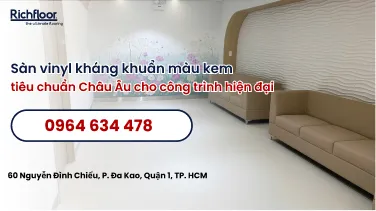 Sàn vinyl kháng khuẩn màu kem tiêu chuẩn Châu Âu cho công trình hiện đại 